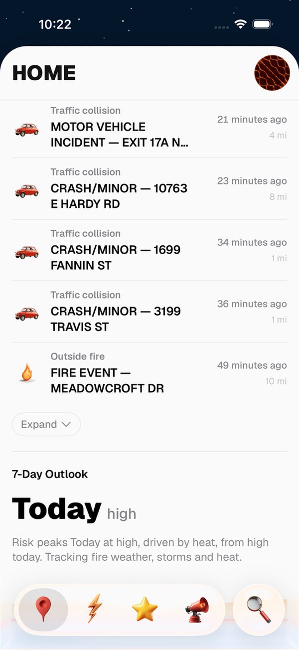 Local dispatch feed of fires and collisions