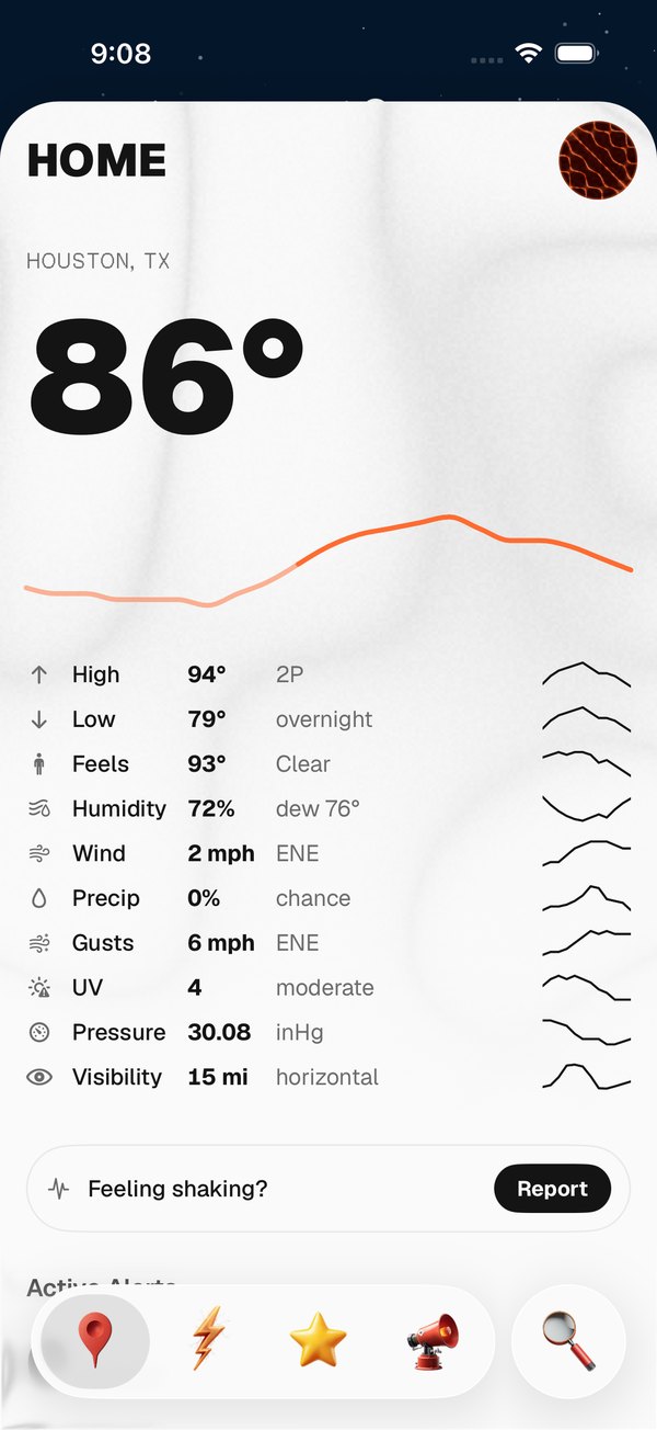 Epicenter home dashboard showing local temperature, risk and metrics
