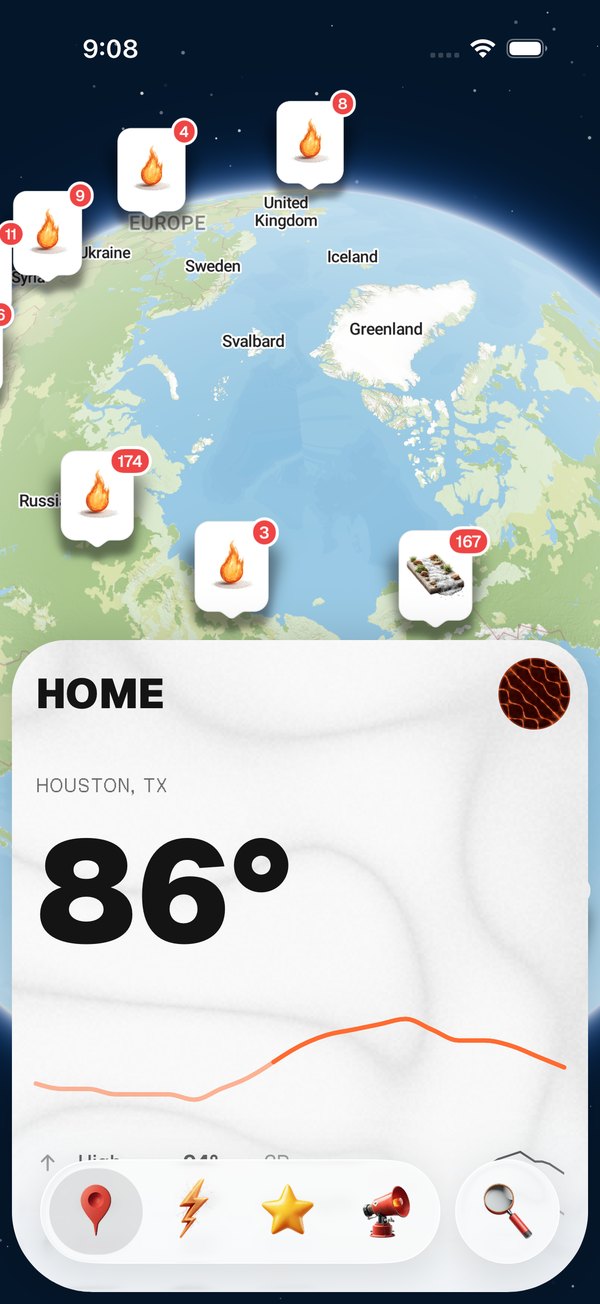 Hazard map with fire, flood and quake markers